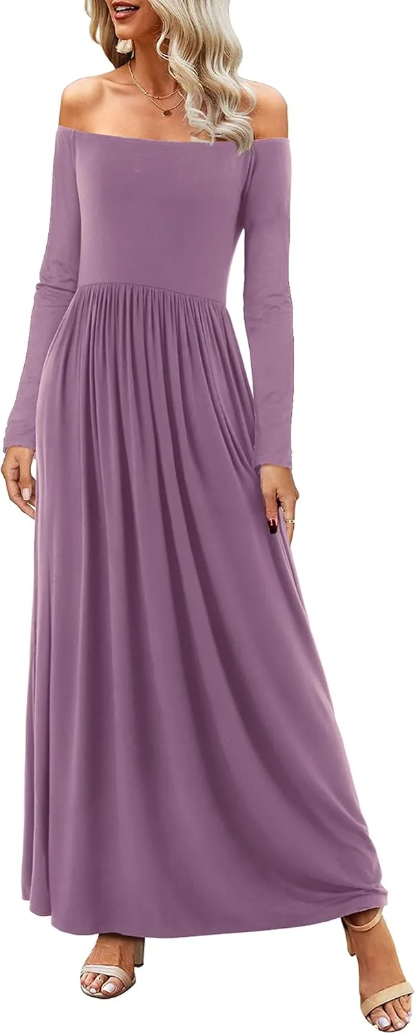 Amoretu Dresses for Women Long Sleeve Off Shoulder Maxi Flowy Casual Loose Plain Dress with Pockets