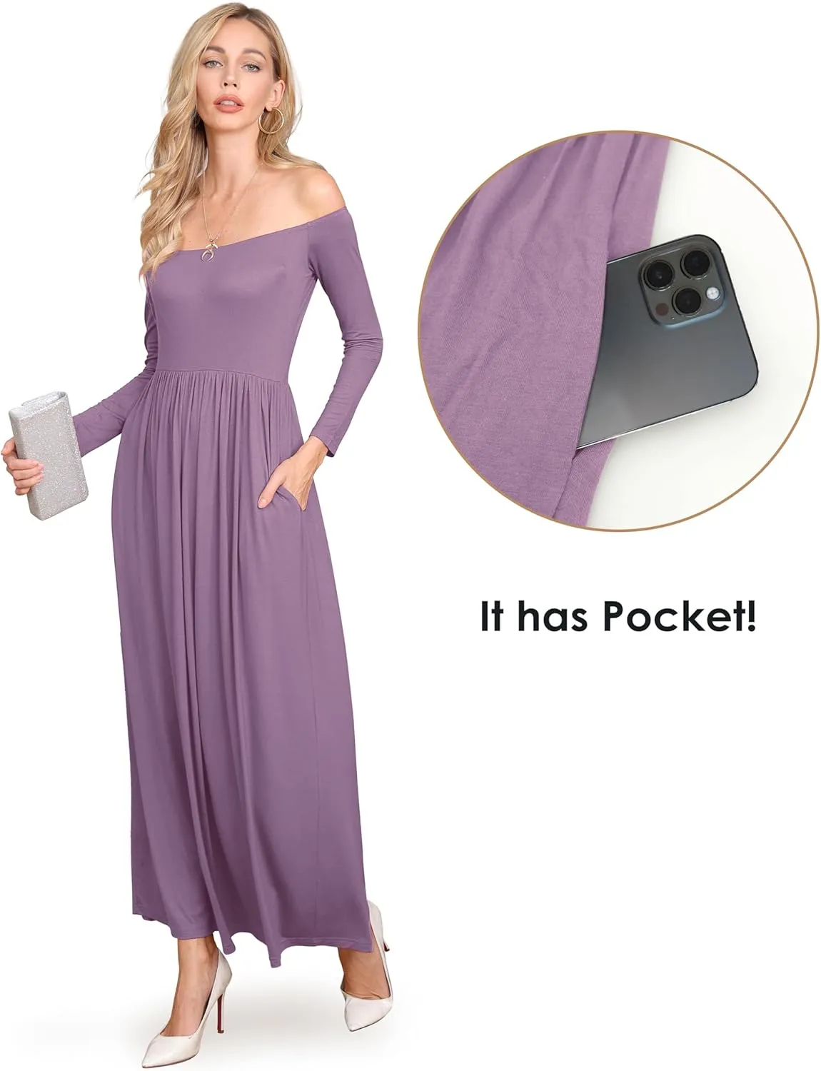 Amoretu Dresses for Women Long Sleeve Off Shoulder Maxi Flowy Casual Loose Plain Dress with Pockets