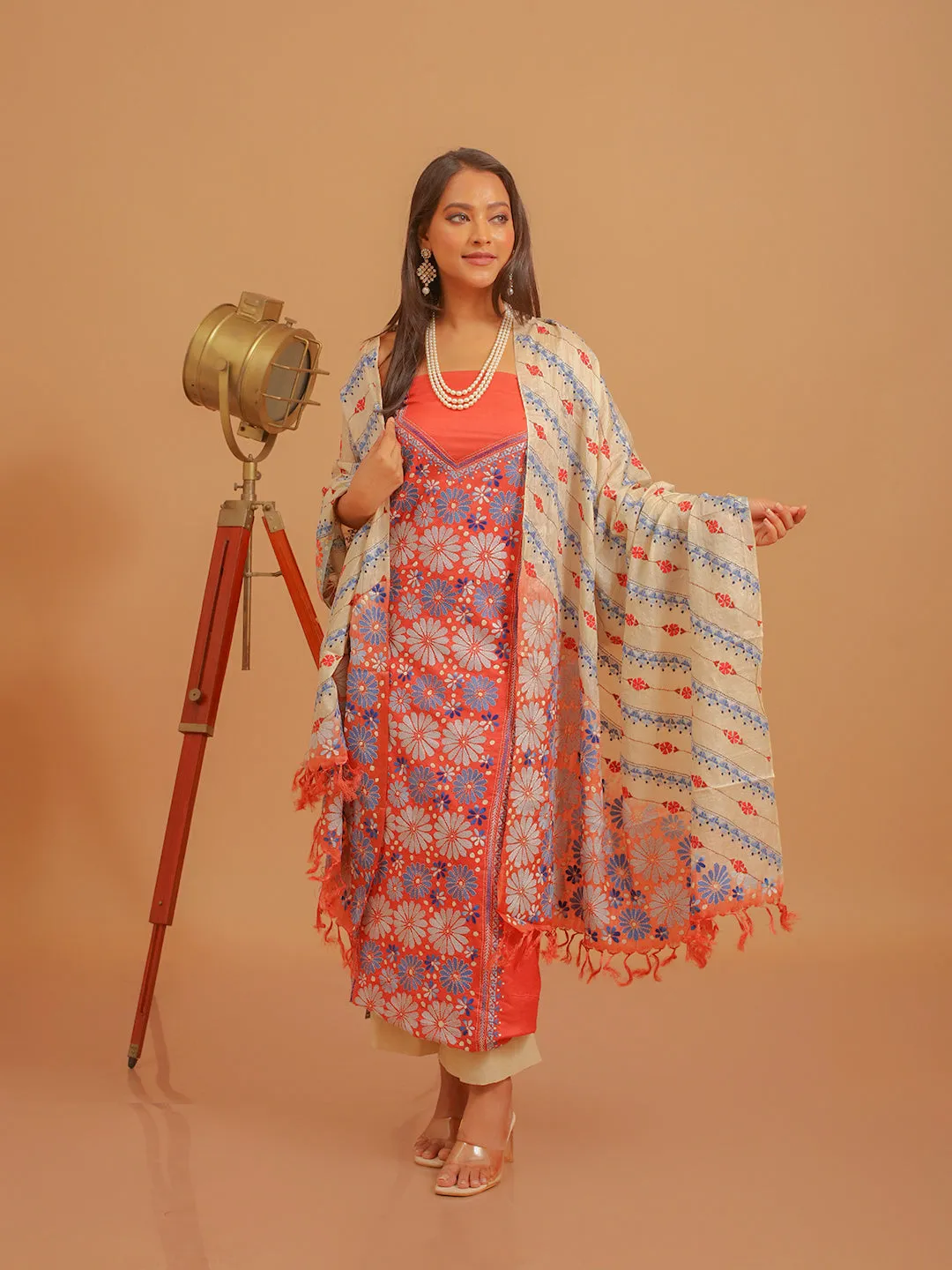 & Top selection Efficient Dupatta Rust Katan Viscose Cream Tussar Kantha Kurta Silk Floral with