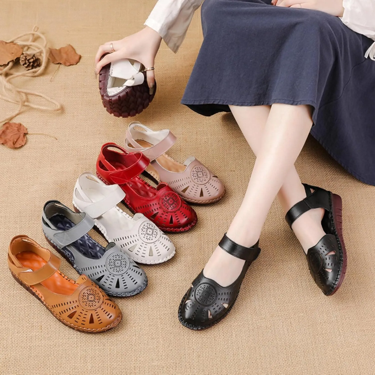 AngryMonkey Women's Closed Toe Leather Sandals,Comfort Cutout Flower Non-slip Ox Softsole Adjustable Dress Casual Mary Jane Shoes