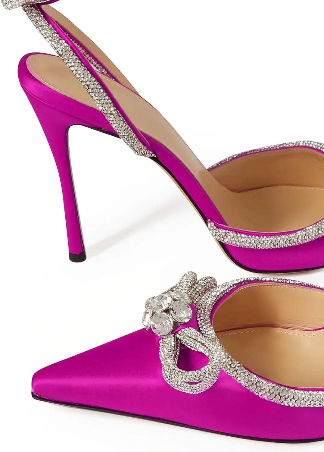 Bieosnli Women's Satin Lace Up High Heel Sandals Ankle Buckle Straps Pump Rhinestone Strip Bowknot Pointed Toe Stiletto Sandals