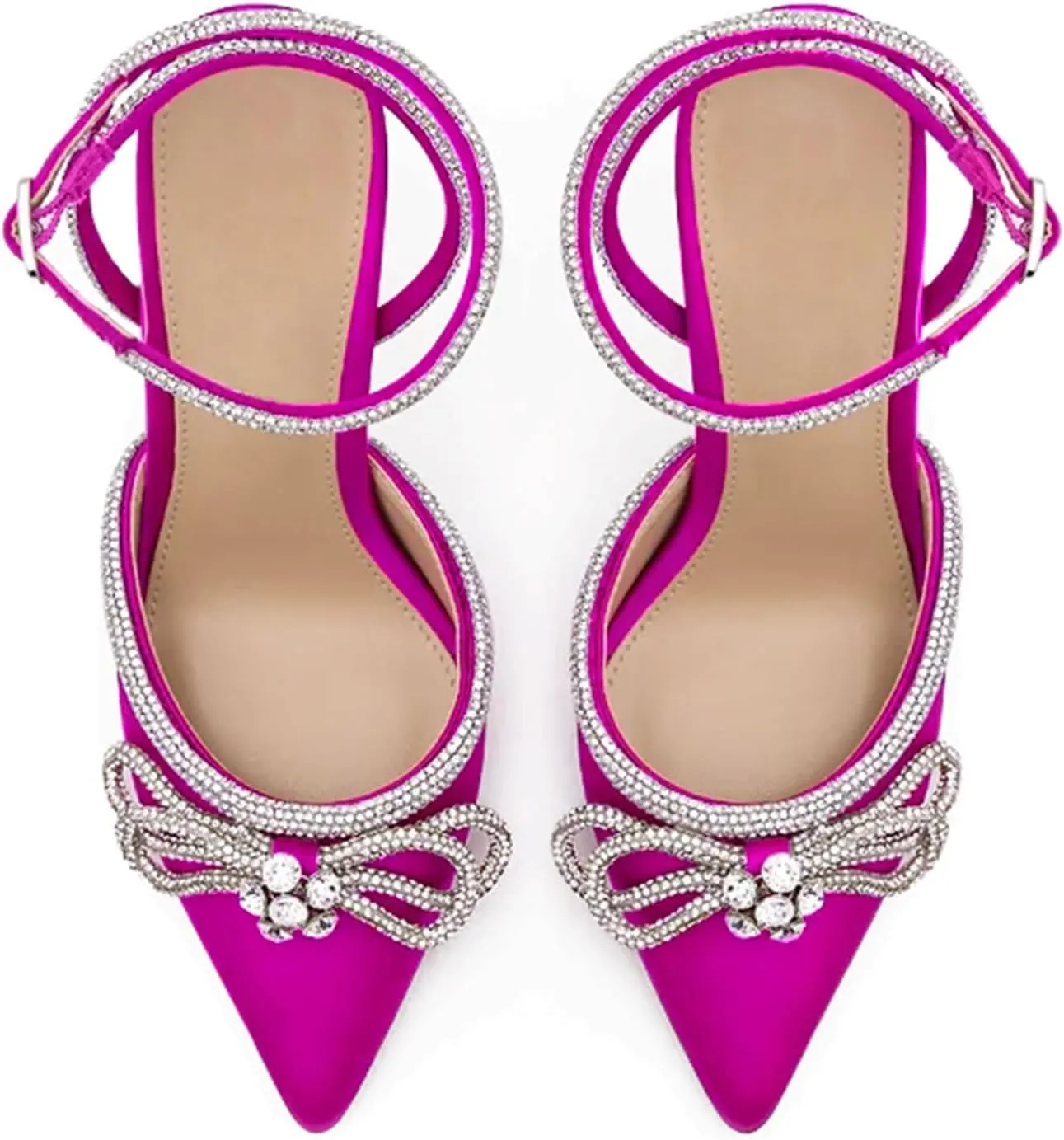 Bieosnli Women's Satin Lace Up High Heel Sandals Ankle Buckle Straps Pump Rhinestone Strip Bowknot Pointed Toe Stiletto Sandals