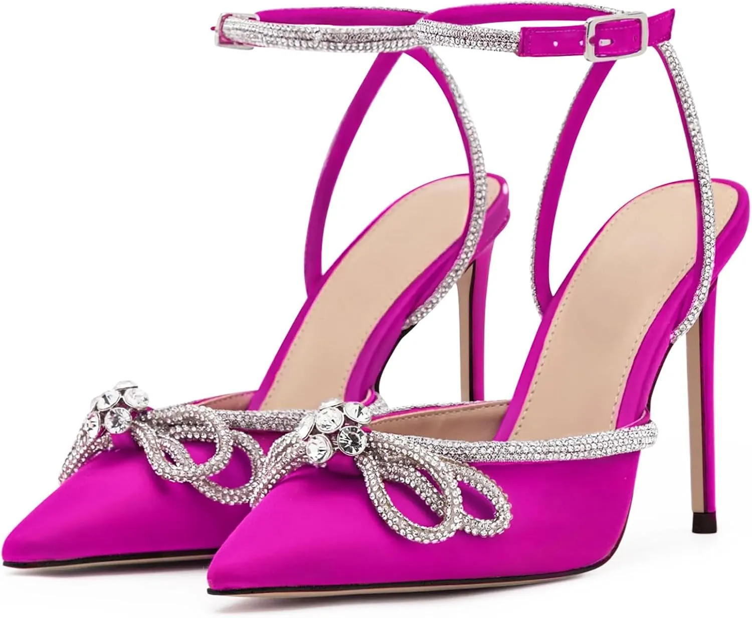 Bieosnli Women's Satin Lace Up High Heel Sandals Ankle Buckle Straps Pump Rhinestone Strip Bowknot Pointed Toe Stiletto Sandals