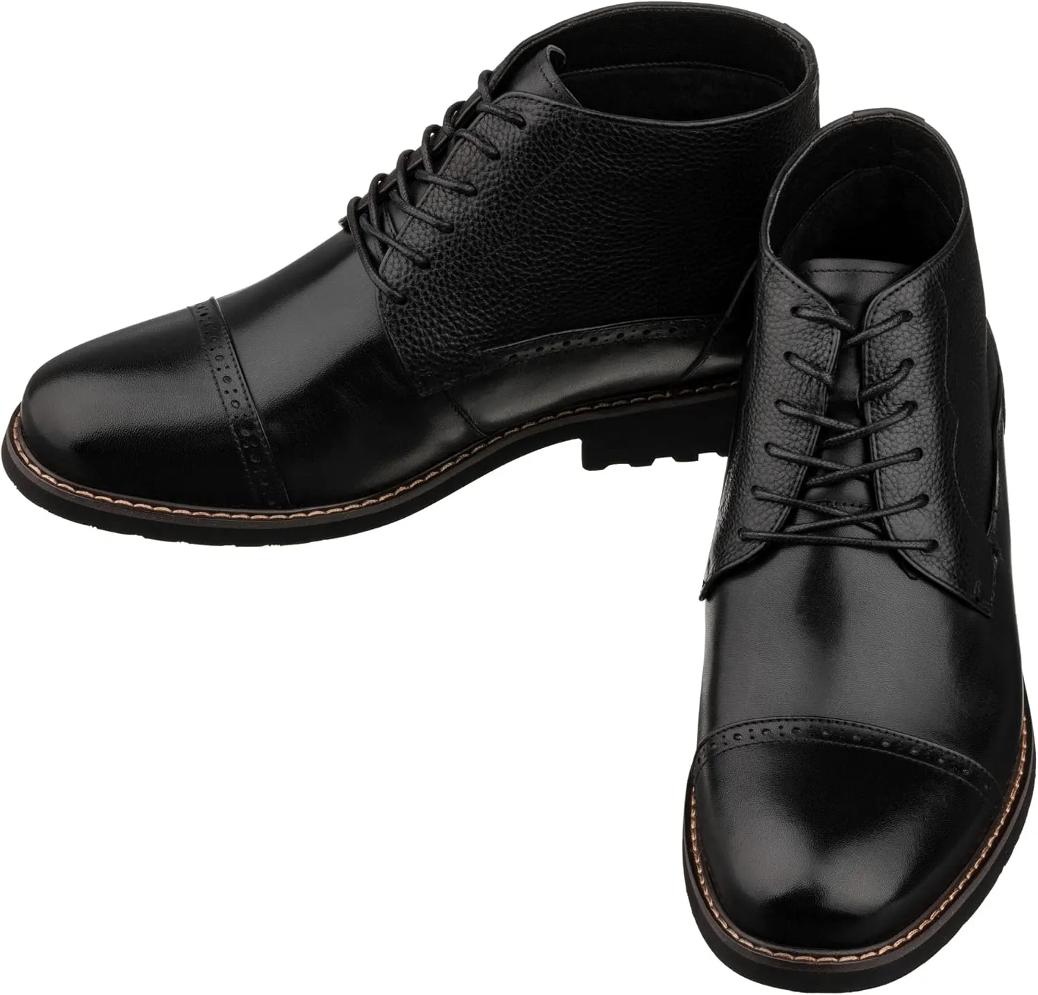 CALTO Men's Invisible Height Increasing Elevator Shoes - Black Leather Lace-up Cap-Toe Boots with Inner Faux Fur - 3.2 Inches Taller - Y41083 - Size 8 D(M) US