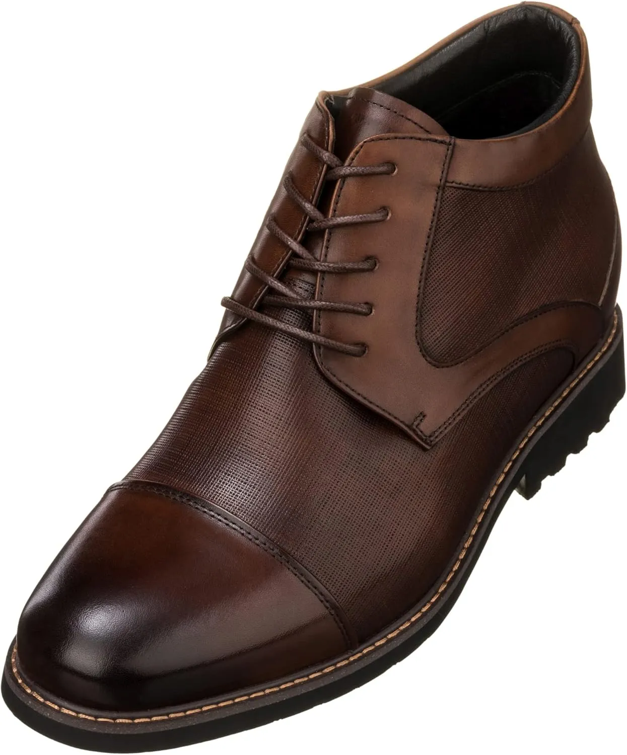 CALTO Men's Invisible Height Increasing Elevator Shoes - Dark Brown Leather Lace-up Cap-Toe Boots with Inner Faux Fur - 3.2 Inches Taller - Y41089 - Size 10 D(M) US