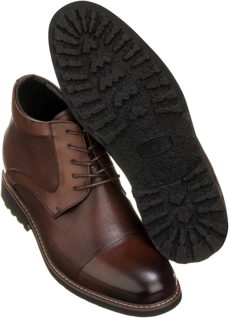 CALTO Men's Invisible Height Increasing Elevator Shoes - Dark Brown Leather Lace-up Cap-Toe Boots with Inner Faux Fur - 3.2 Inches Taller - Y41089 - Size 10 D(M) US