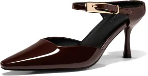Coutgo Womens High Heels Mules Closed Pointed Toe Kitten Heel Pumps Ankle Buckle Strap Slip On Backless Dress Shoes, Maroon, Size 7.5