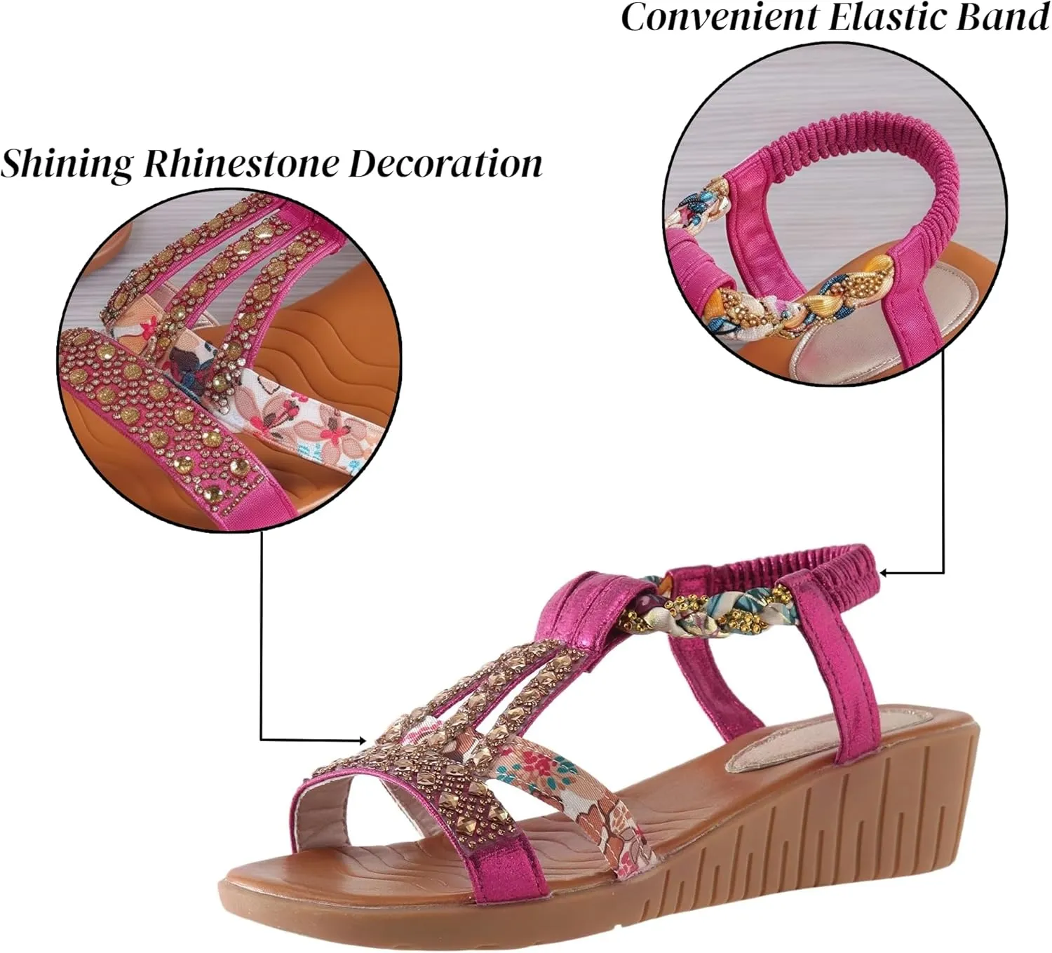 Flat Sandals for Women Dressy Ankle-Strap Summer Sandals with Elastic Band Open Toe Arch Support Comfortable Casual Sandals