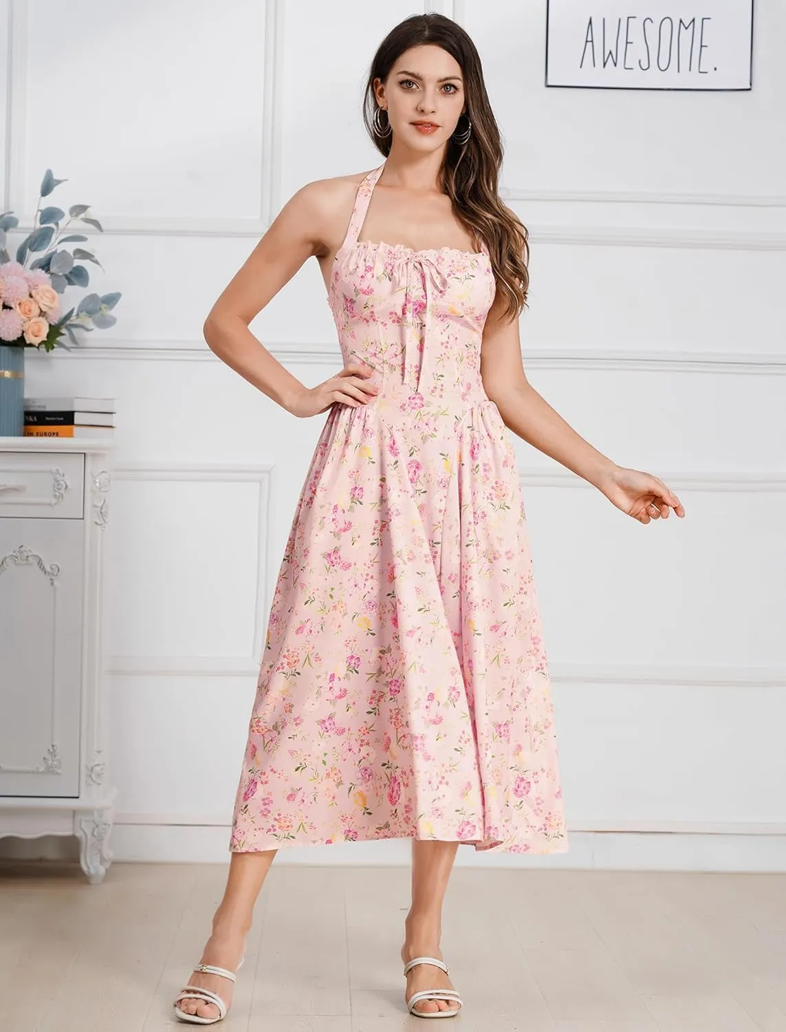 Floral Corset Dress Solid Long Dress Sleeveless Halter Low Cut Dress Open Back Bustier Midi Dress Summer