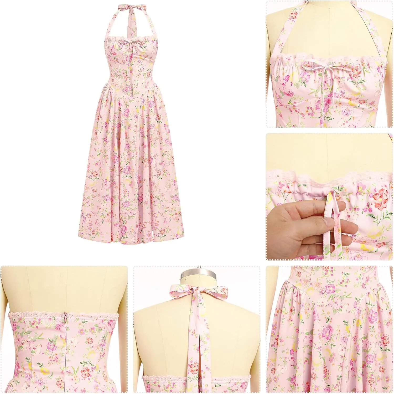 Floral Corset Dress Solid Long Dress Sleeveless Halter Low Cut Dress Open Back Bustier Midi Dress Summer
