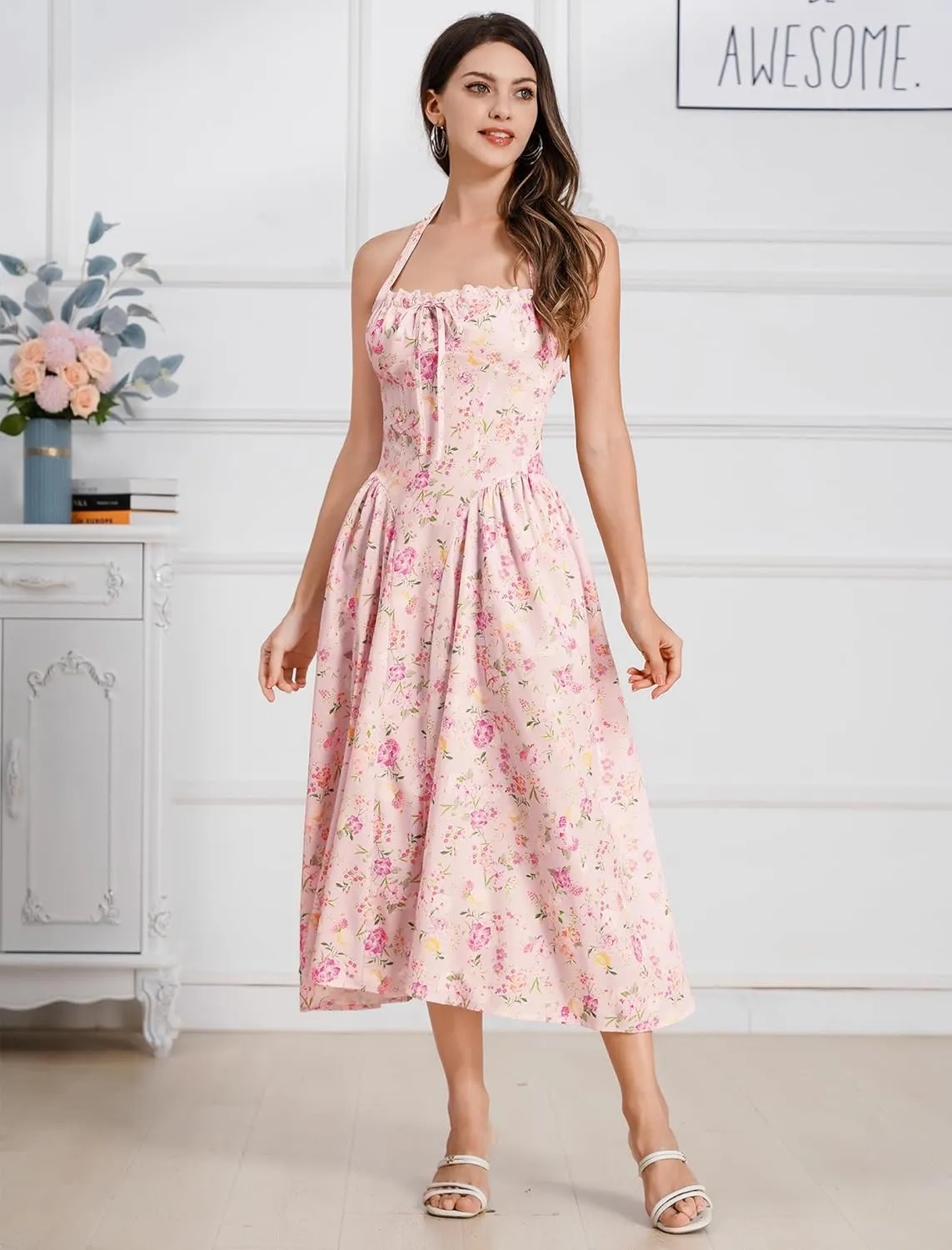 Floral Corset Dress Solid Long Dress Sleeveless Halter Low Cut Dress Open Back Bustier Midi Dress Summer