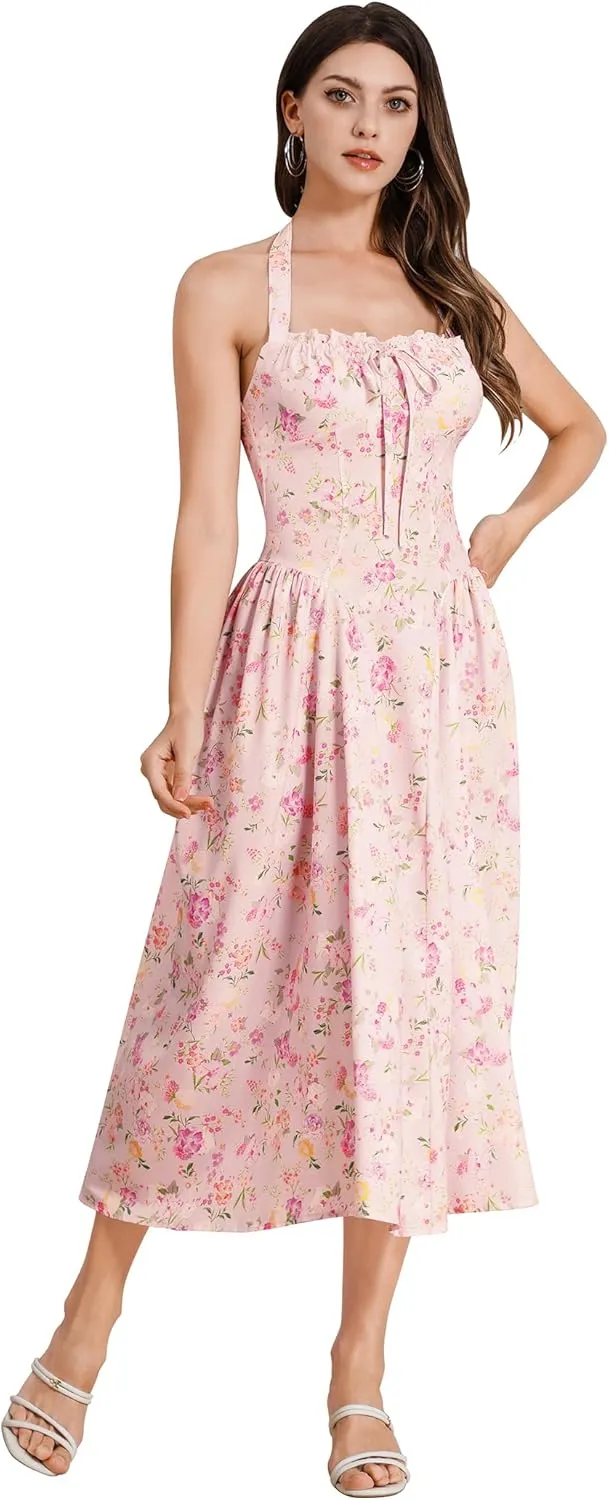 Floral Corset Dress Solid Long Dress Sleeveless Halter Low Cut Dress Open Back Bustier Midi Dress Summer