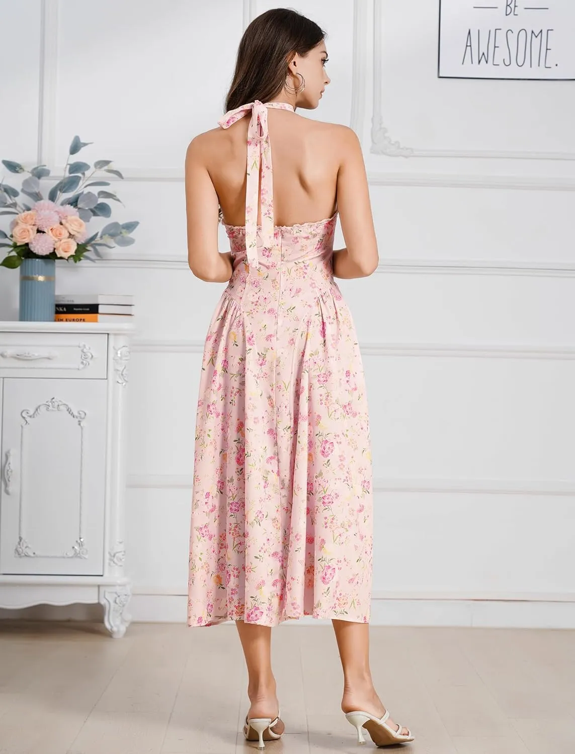 Floral Corset Dress Solid Long Dress Sleeveless Halter Low Cut Dress Open Back Bustier Midi Dress Summer