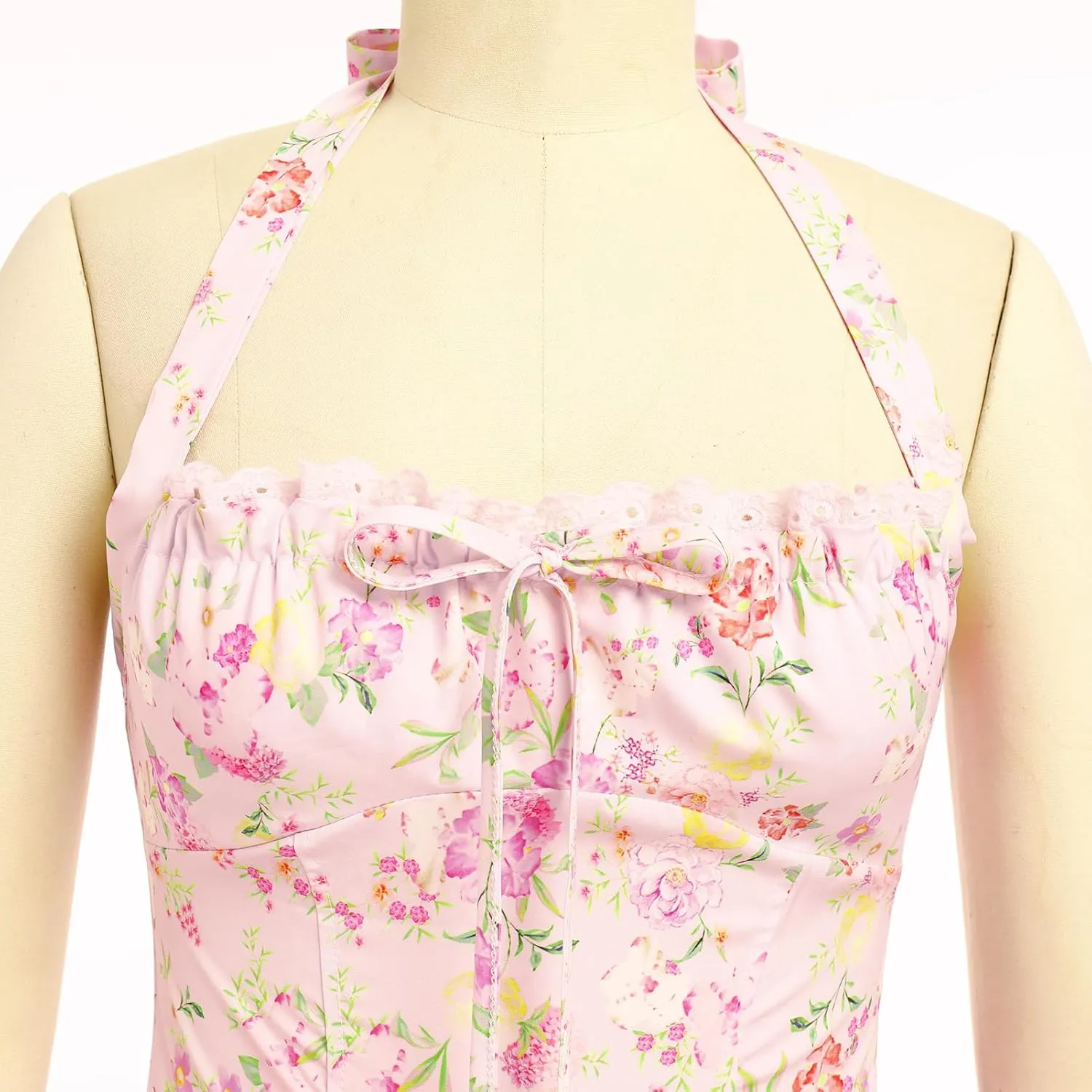 Floral Corset Dress Solid Long Dress Sleeveless Halter Low Cut Dress Open Back Bustier Midi Dress Summer