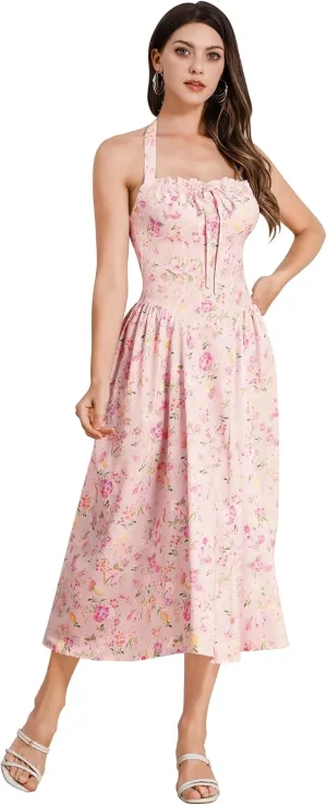 Floral Corset Dress Solid Long Dress Sleeveless Halter Low Cut Dress Open Back Bustier Midi Dress Summer