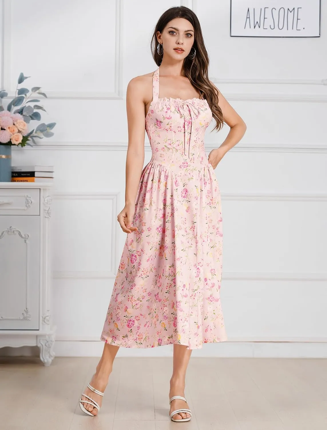Floral Corset Dress Solid Long Dress Sleeveless Halter Low Cut Dress Open Back Bustier Midi Dress Summer