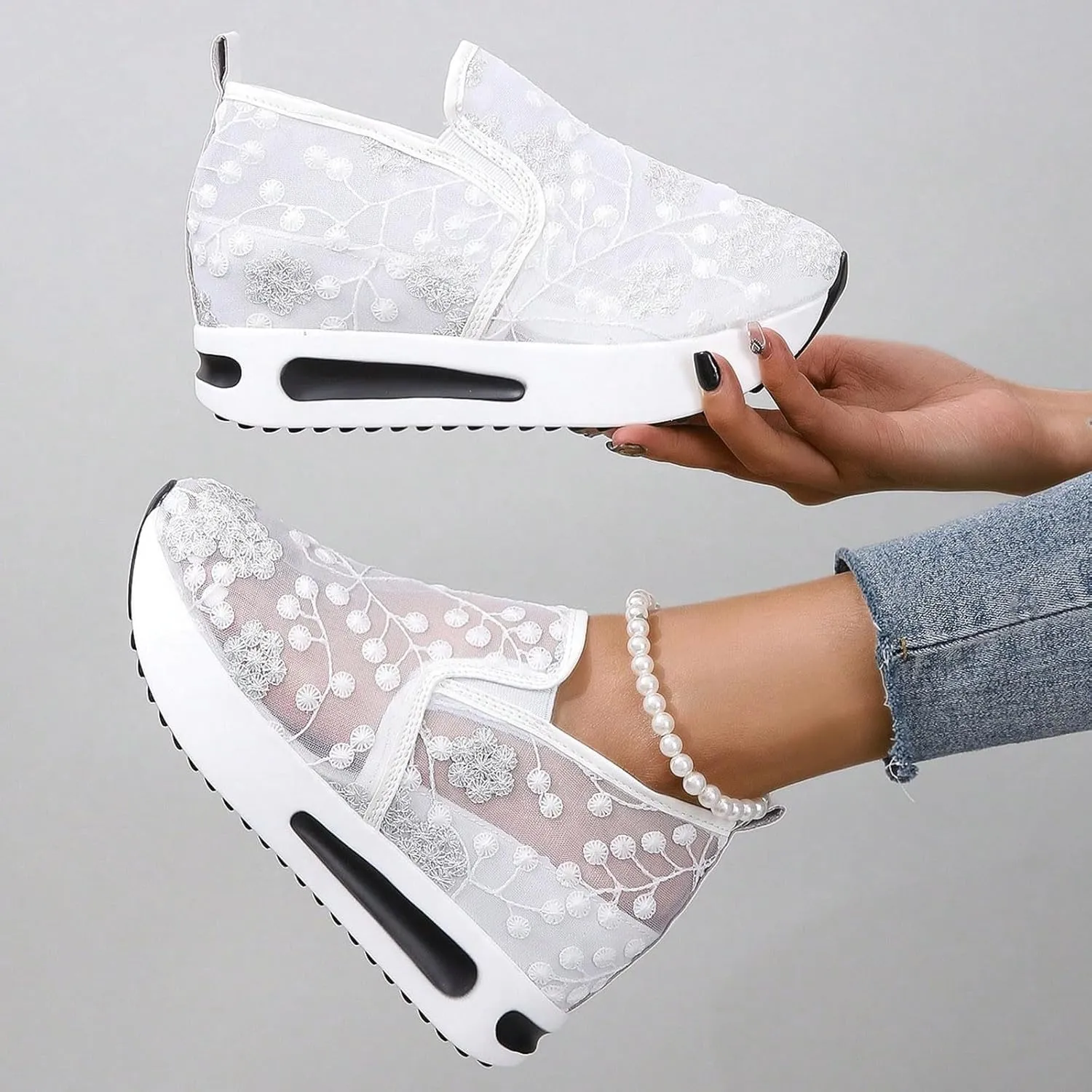 Floral Embroidery Sheer Mesh Lace Sneakers,Women's Fashion Sneakers Dressy,Dressy Casual Shoes Walking Sneakers Platform,Walking Shoes Women Arch Support Slip On Sneakers