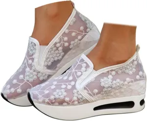 Floral Embroidery Sheer Mesh Lace Sneakers,Women's Fashion Sneakers Dressy,Dressy Casual Shoes Walking Sneakers Platform,Walking Shoes Women Arch Support Slip On Sneakers
