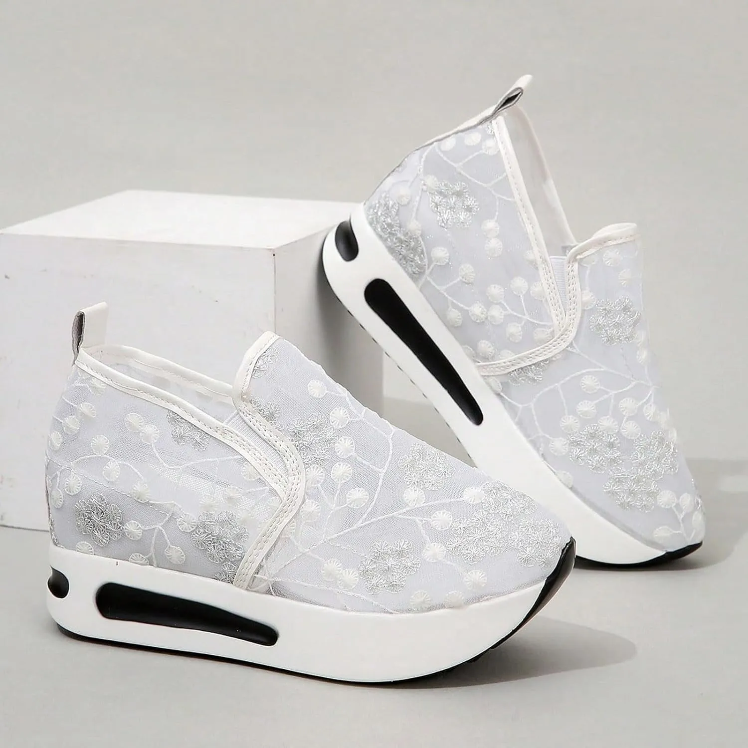 Floral Embroidery Sheer Mesh Lace Sneakers,Women's Fashion Sneakers Dressy,Dressy Casual Shoes Walking Sneakers Platform,Walking Shoes Women Arch Support Slip On Sneakers