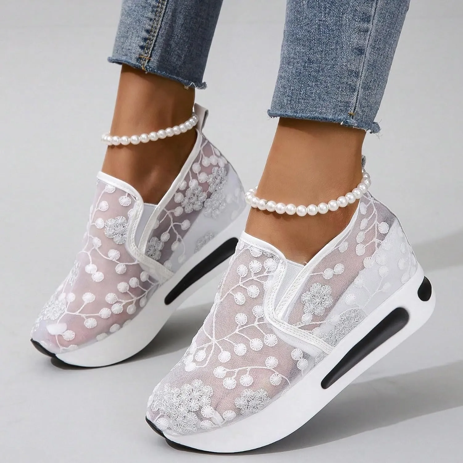 Floral Embroidery Sheer Mesh Lace Sneakers,Women's Fashion Sneakers Dressy,Dressy Casual Shoes Walking Sneakers Platform,Walking Shoes Women Arch Support Slip On Sneakers