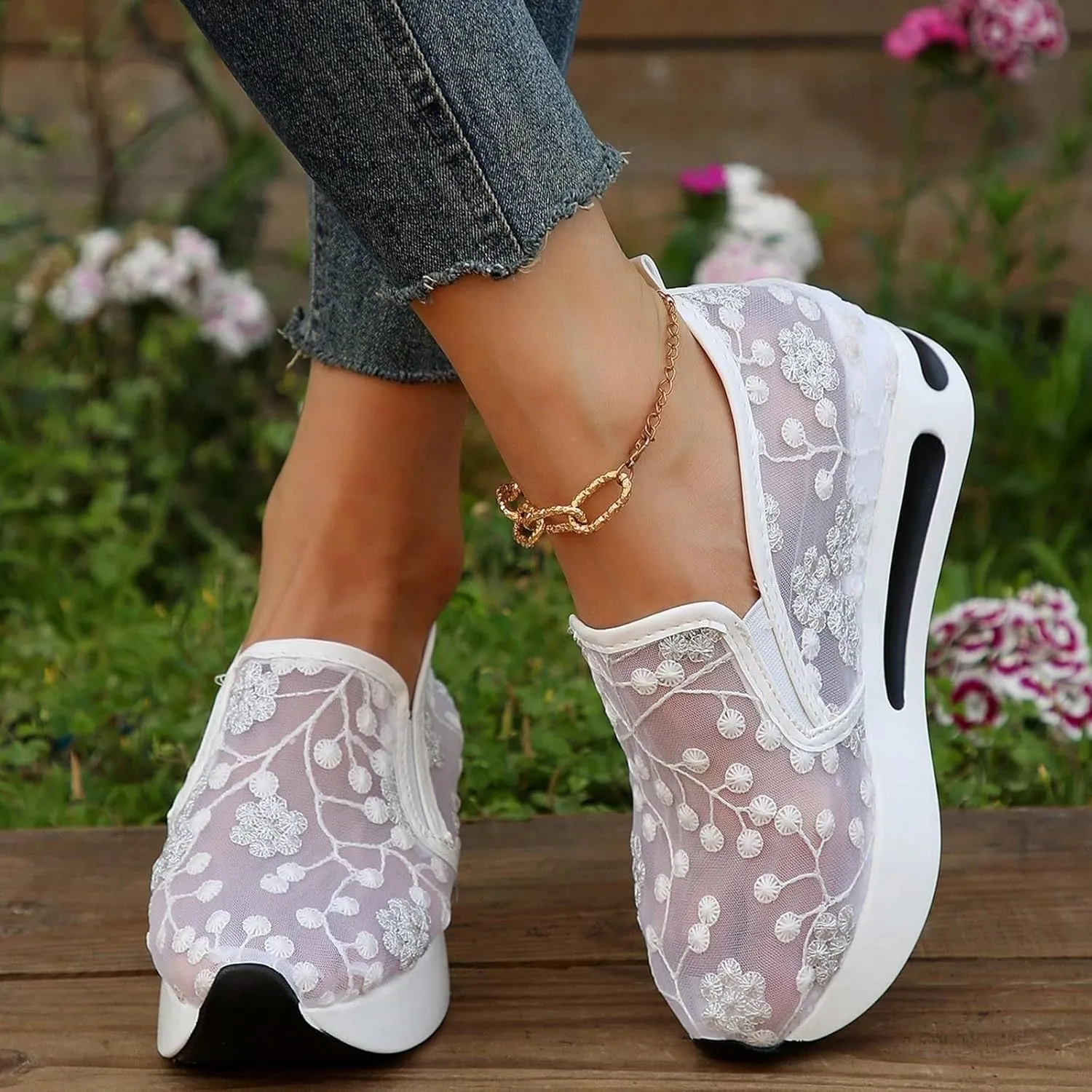 Floral Embroidery Sheer Mesh Lace Sneakers,Women's Fashion Sneakers Dressy,Dressy Casual Shoes Walking Sneakers Platform,Walking Shoes Women Arch Support Slip On Sneakers