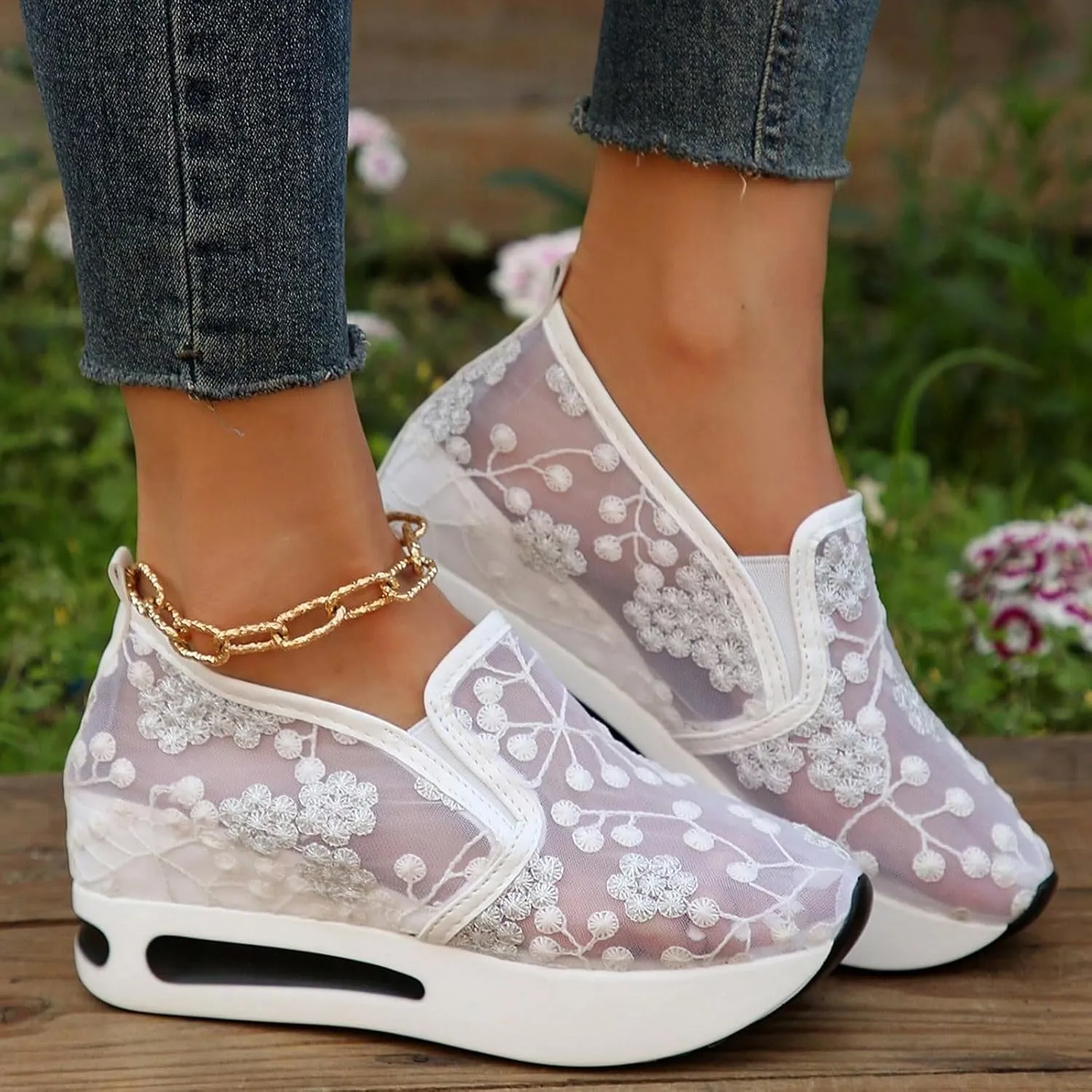 Floral Embroidery Sheer Mesh Lace Sneakers,Women's Fashion Sneakers Dressy,Dressy Casual Shoes Walking Sneakers Platform,Walking Shoes Women Arch Support Slip On Sneakers