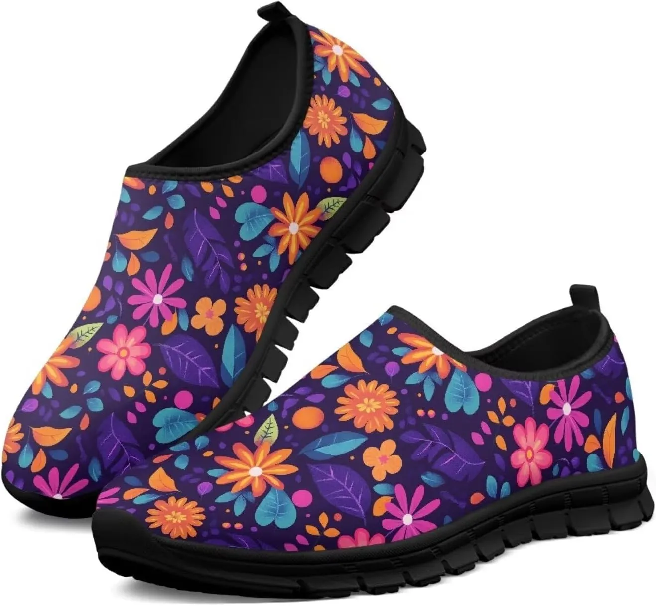 Flowers Casual House Shoes Breathable Mesh Sneakers for Women Comfort Soft Anti-Slip Shock Absorption EVA Sole Hiking Shoes for Outdoor Size 5.5-11.5 Black Sole