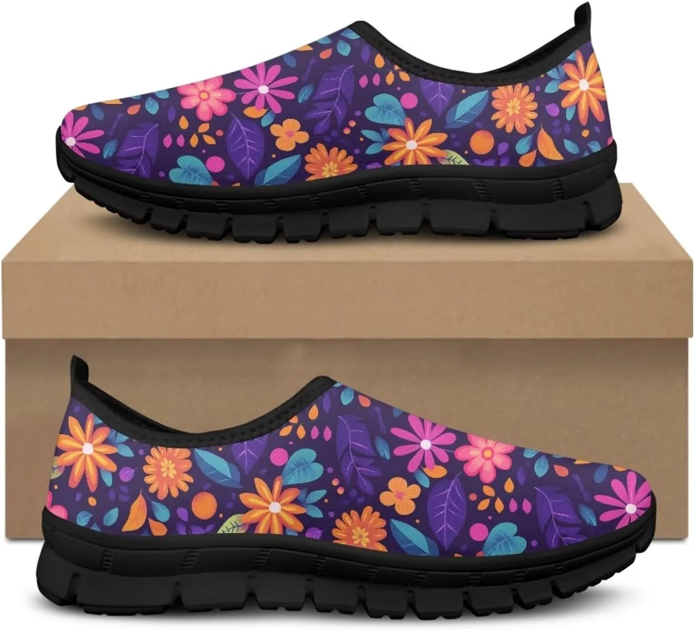 Flowers Casual House Shoes Breathable Mesh Sneakers for Women Comfort Soft Anti-Slip Shock Absorption EVA Sole Hiking Shoes for Outdoor Size 5.5-11.5 Black Sole