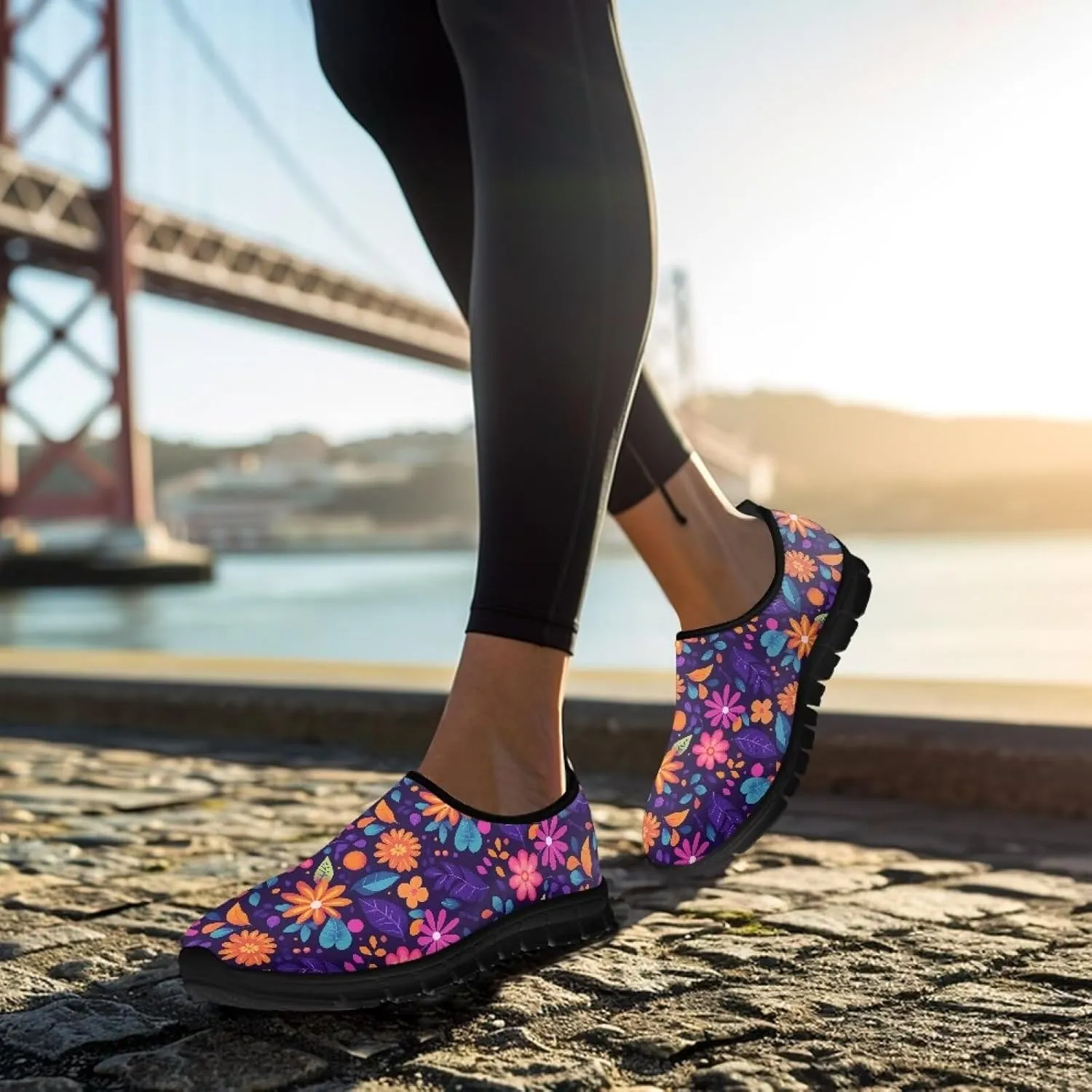 Flowers Casual House Shoes Breathable Mesh Sneakers for Women Comfort Soft Anti-Slip Shock Absorption EVA Sole Hiking Shoes for Outdoor Size 5.5-11.5 Black Sole