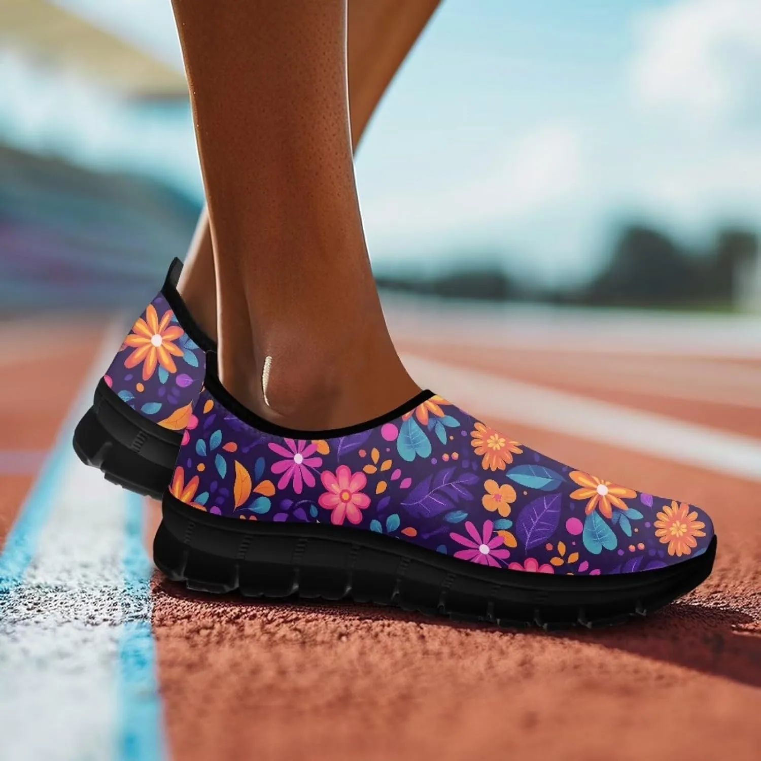 Flowers Casual House Shoes Breathable Mesh Sneakers for Women Comfort Soft Anti-Slip Shock Absorption EVA Sole Hiking Shoes for Outdoor Size 5.5-11.5 Black Sole