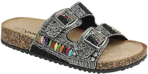 Forever Link Women's Rhinestone Double Buckle Adjustable Slip On Sandals