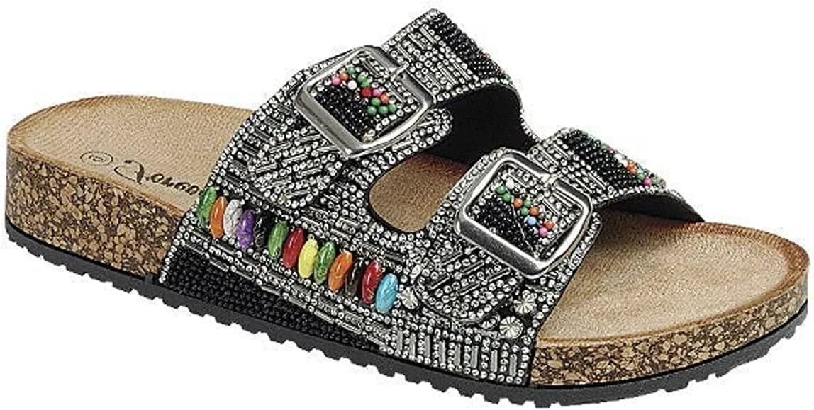 Forever Link Women's Rhinestone Double Buckle Adjustable Slip On Sandals
