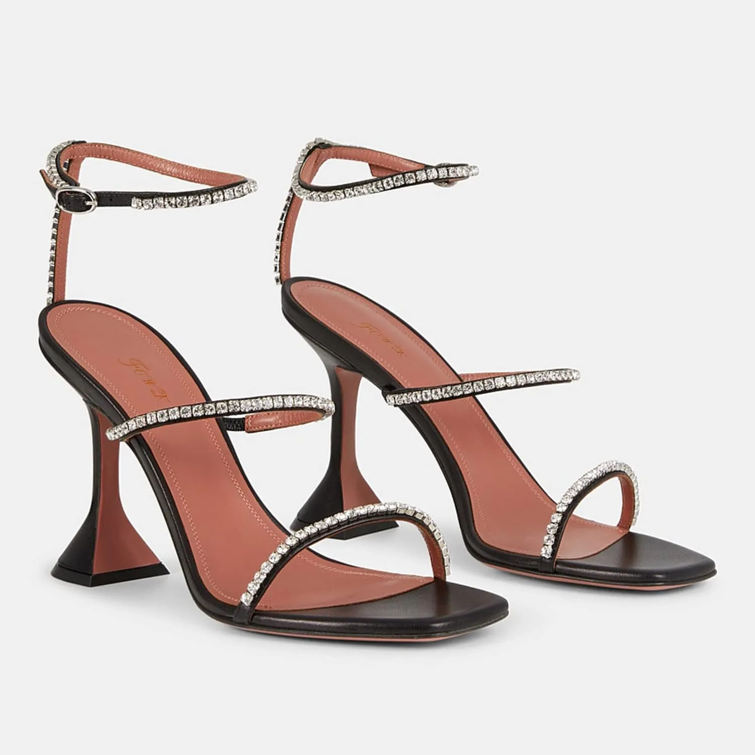 FOWT Fashion Leather Classic Square Toe Crystal Ankle Strap Flared High Heels Elegant Narrow Band Heeled Sandals Adorable 4 inches Red Pumps for Woman Dress Office Shoes, US Size 5-10 M