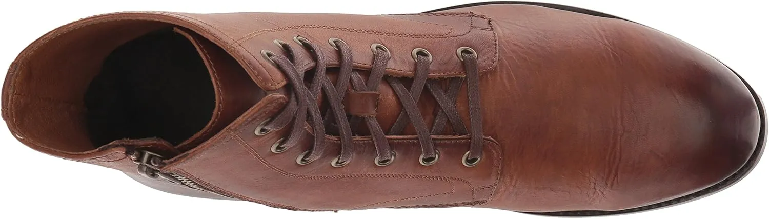 Frye Bowery Lace Up Vintage-Style Leather Boots for Men - Fine Pull-Up Leather with Zipper Closure, Antique Brass Hardware, and Lug Traction Outsole