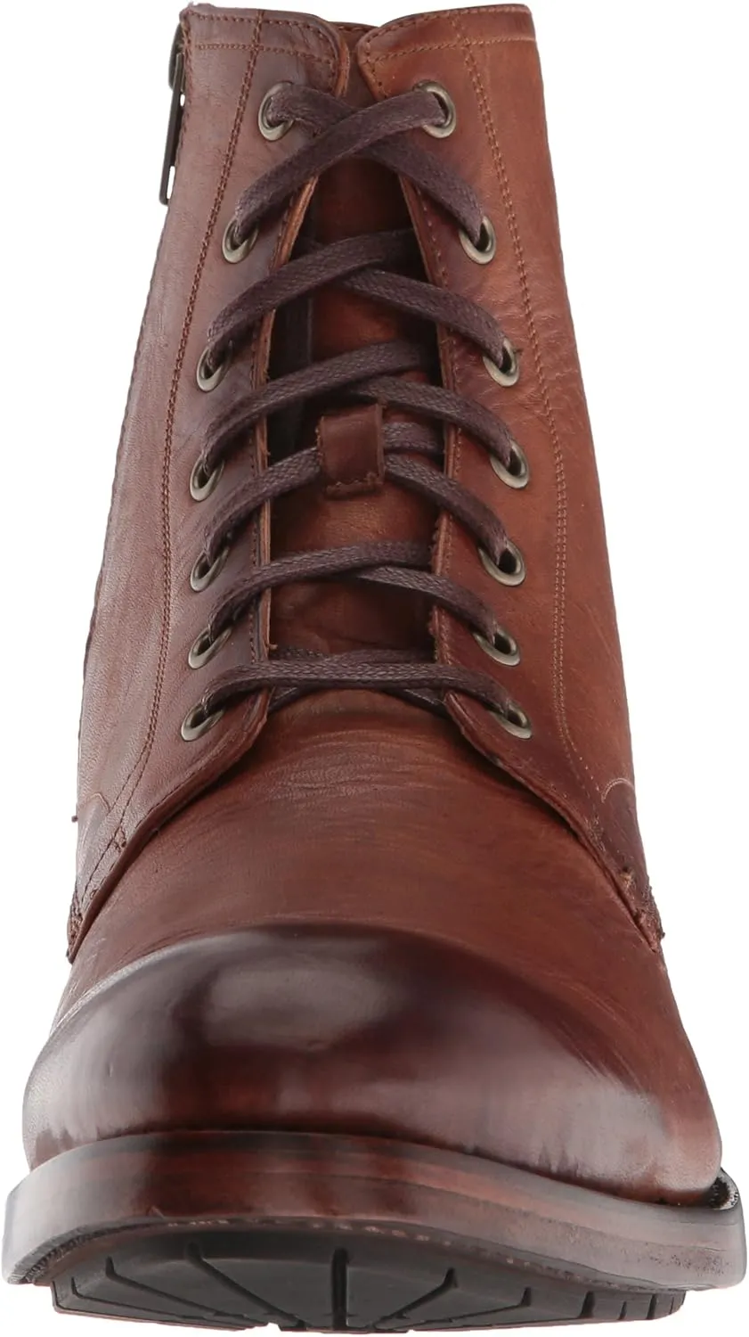 Frye Bowery Lace Up Vintage-Style Leather Boots for Men - Fine Pull-Up Leather with Zipper Closure, Antique Brass Hardware, and Lug Traction Outsole