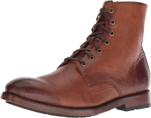 Frye Bowery Lace Up Vintage-Style Leather Boots for Men - Fine Pull-Up Leather with Zipper Closure, Antique Brass Hardware, and Lug Traction Outsole