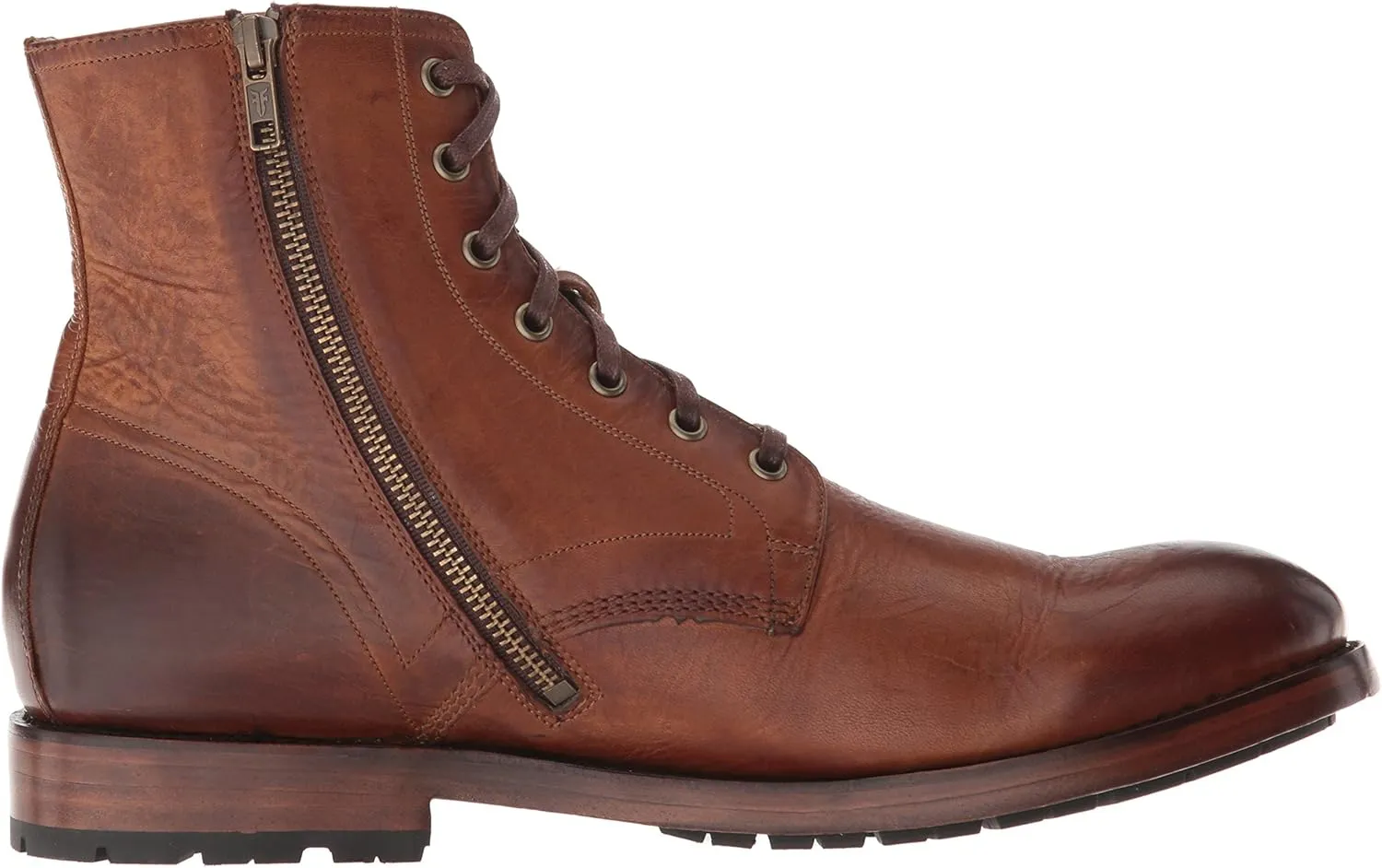 Frye Bowery Lace Up Vintage-Style Leather Boots for Men - Fine Pull-Up Leather with Zipper Closure, Antique Brass Hardware, and Lug Traction Outsole