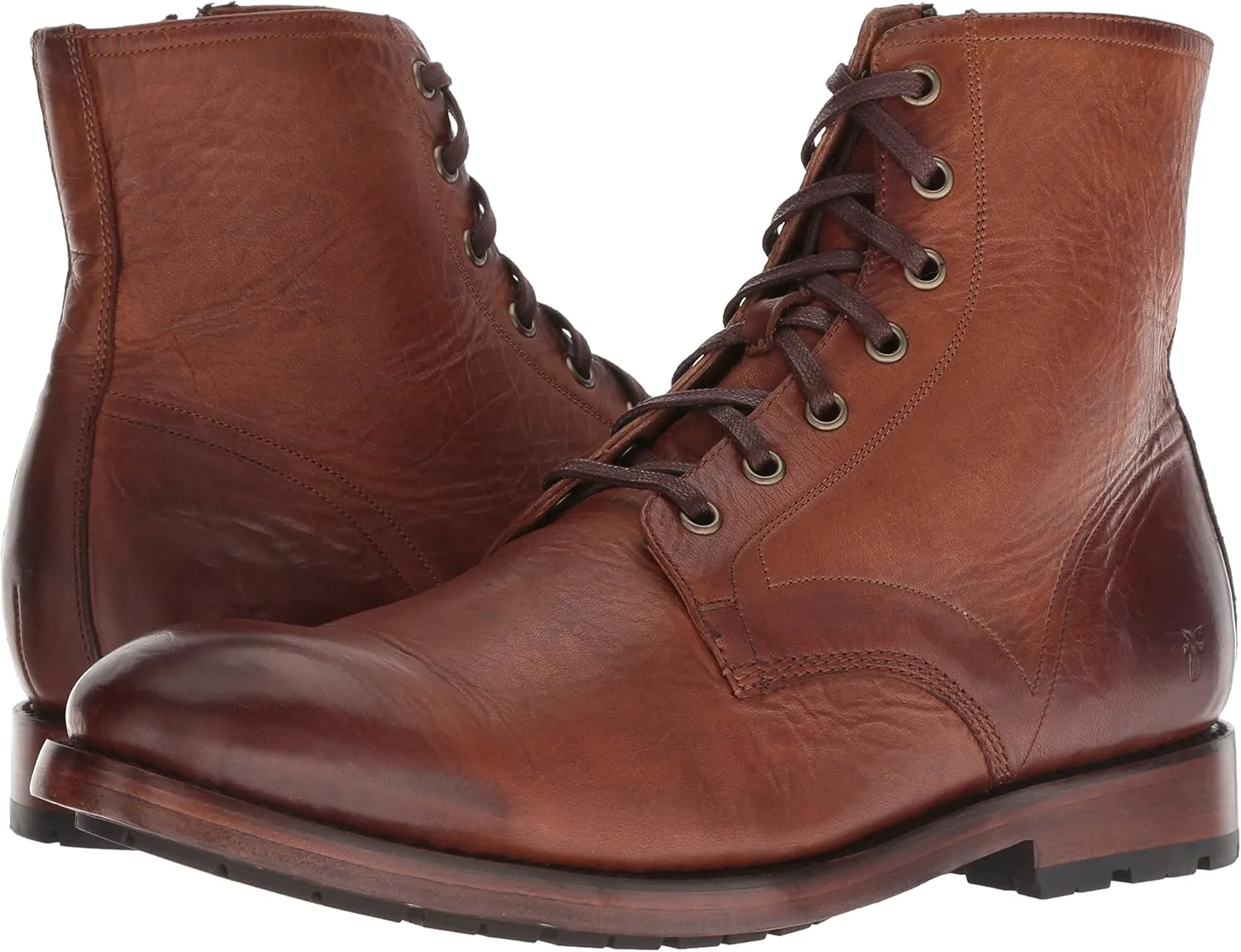Frye Bowery Lace Up Vintage-Style Leather Boots for Men - Fine Pull-Up Leather with Zipper Closure, Antique Brass Hardware, and Lug Traction Outsole