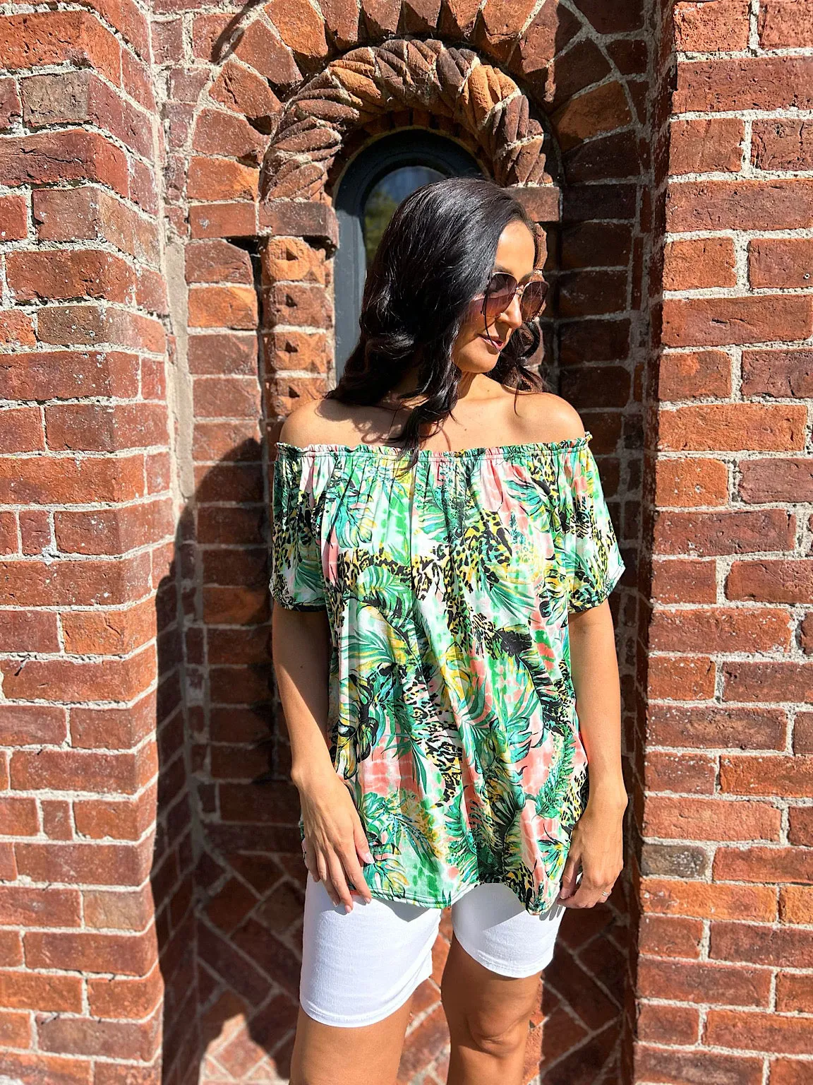 Green Tropical Bardot Top Mandy