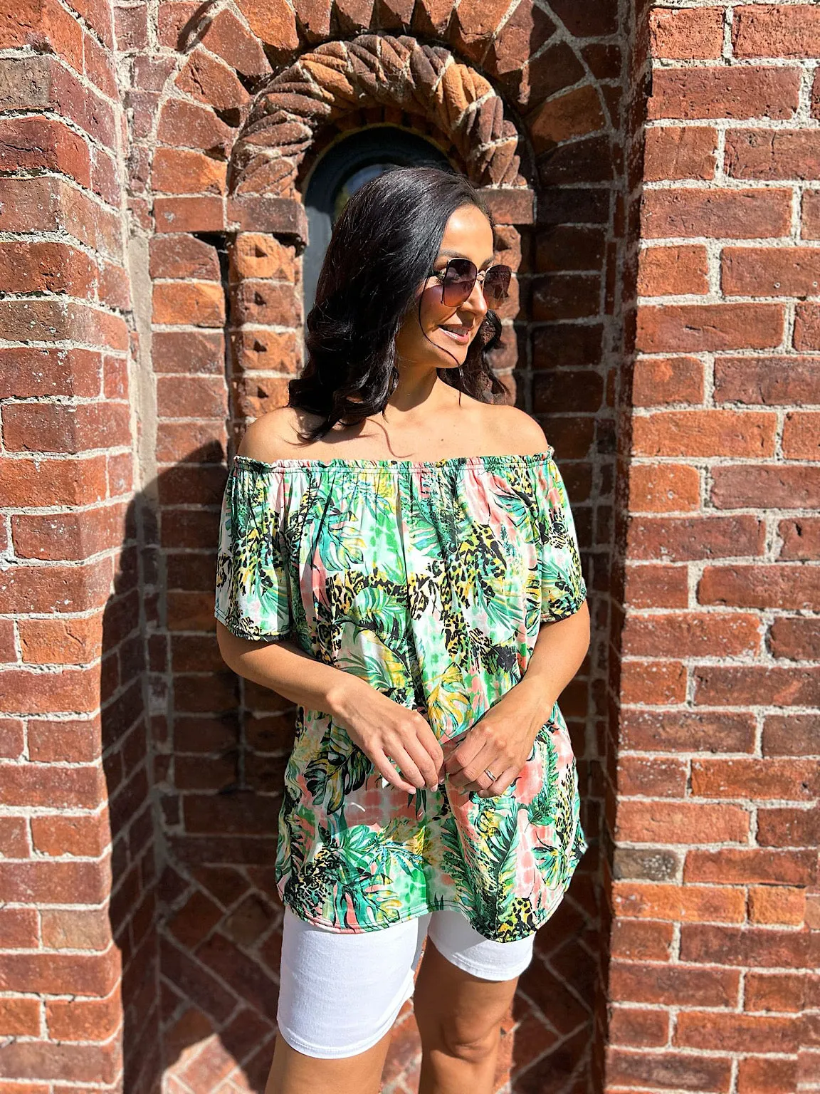 Green Tropical Bardot Top Mandy