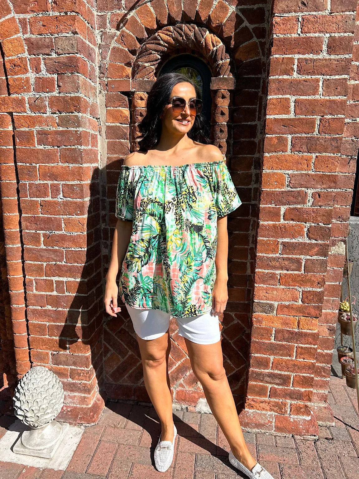 Green Tropical Bardot Top Mandy