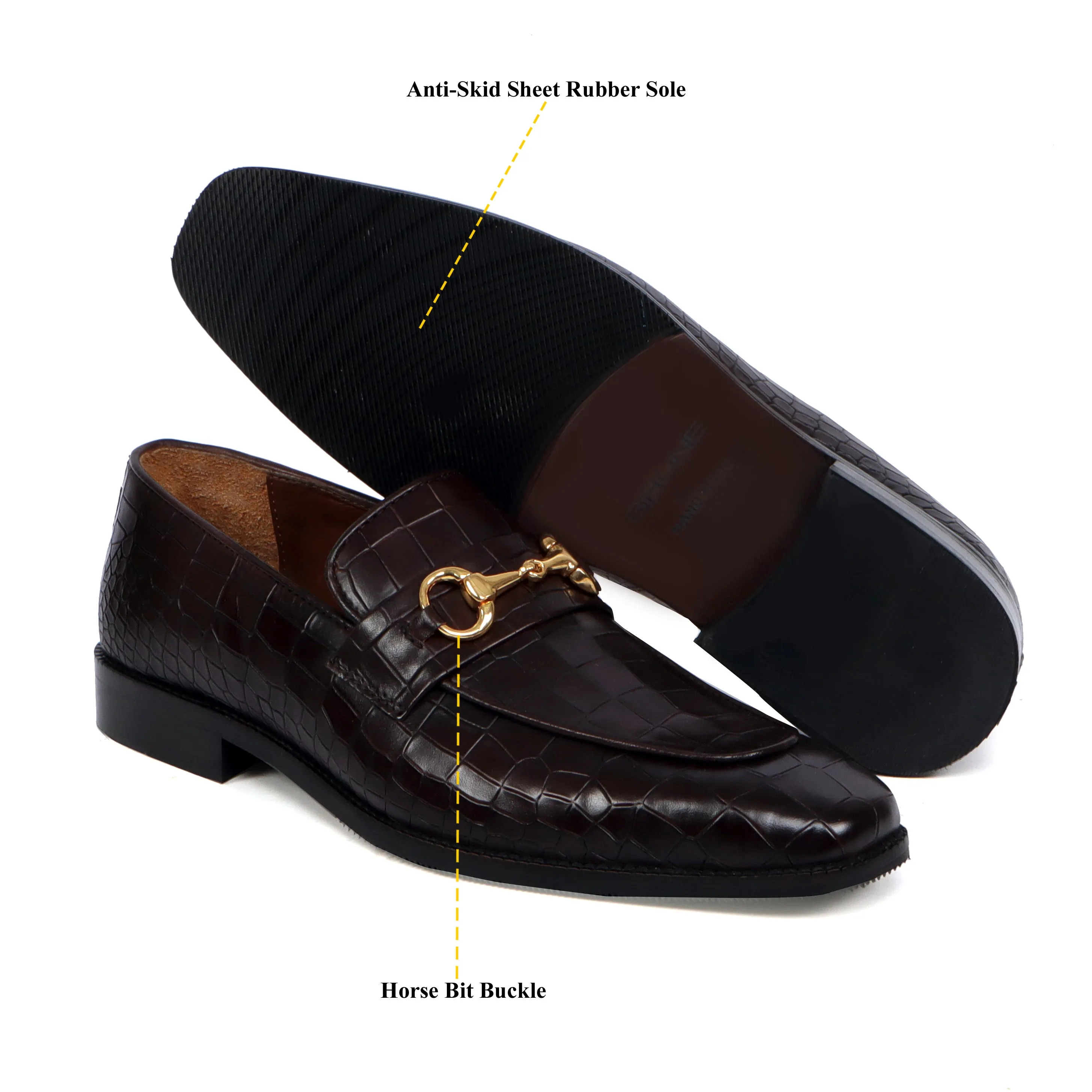 Horse-bit Buckled Slip-On Shoes in Dark Brown Deep Cut Leather Loafer