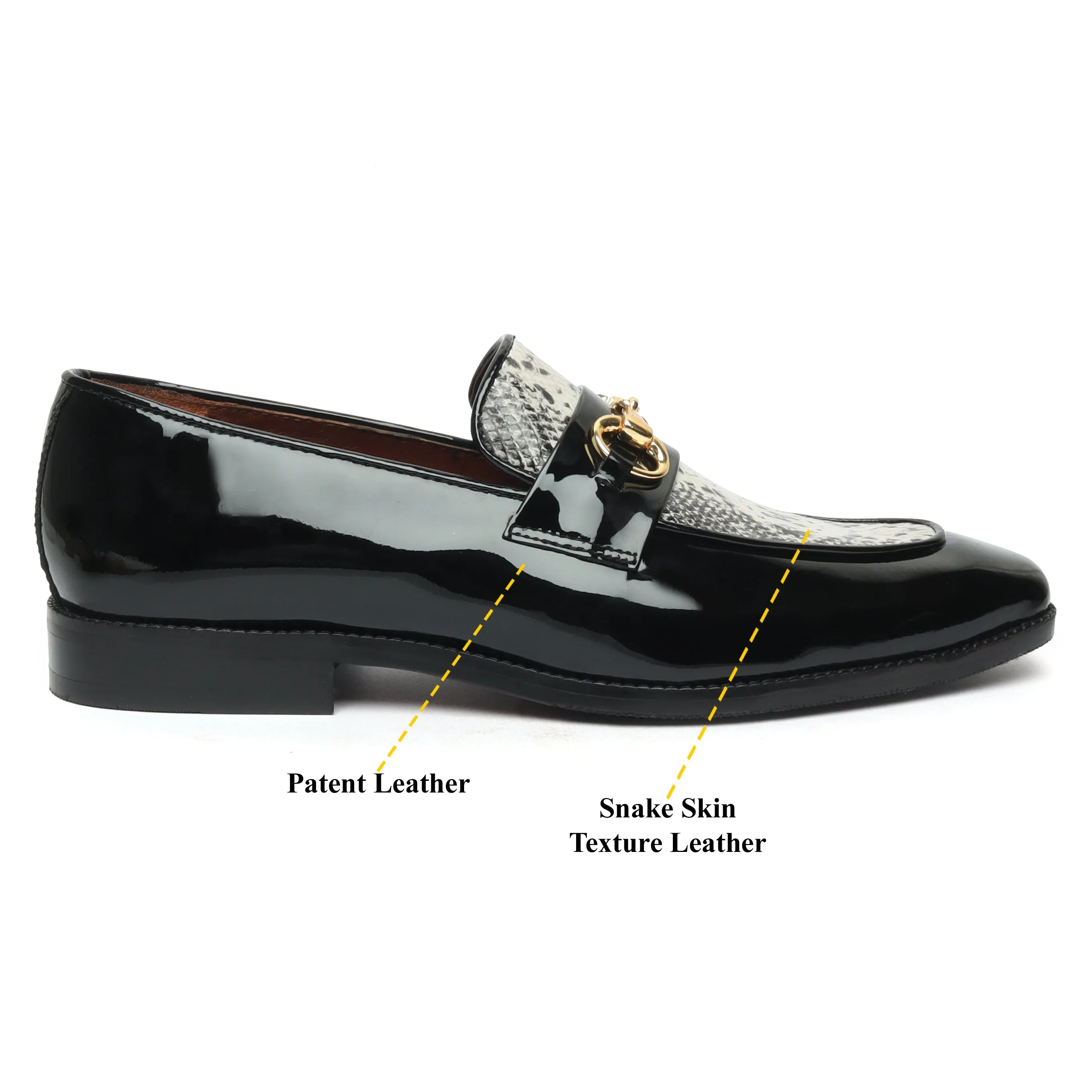 Horse-bit Buckled Slip-On Shoes With Snake Print Leather at Vamp in Black Patent Leather