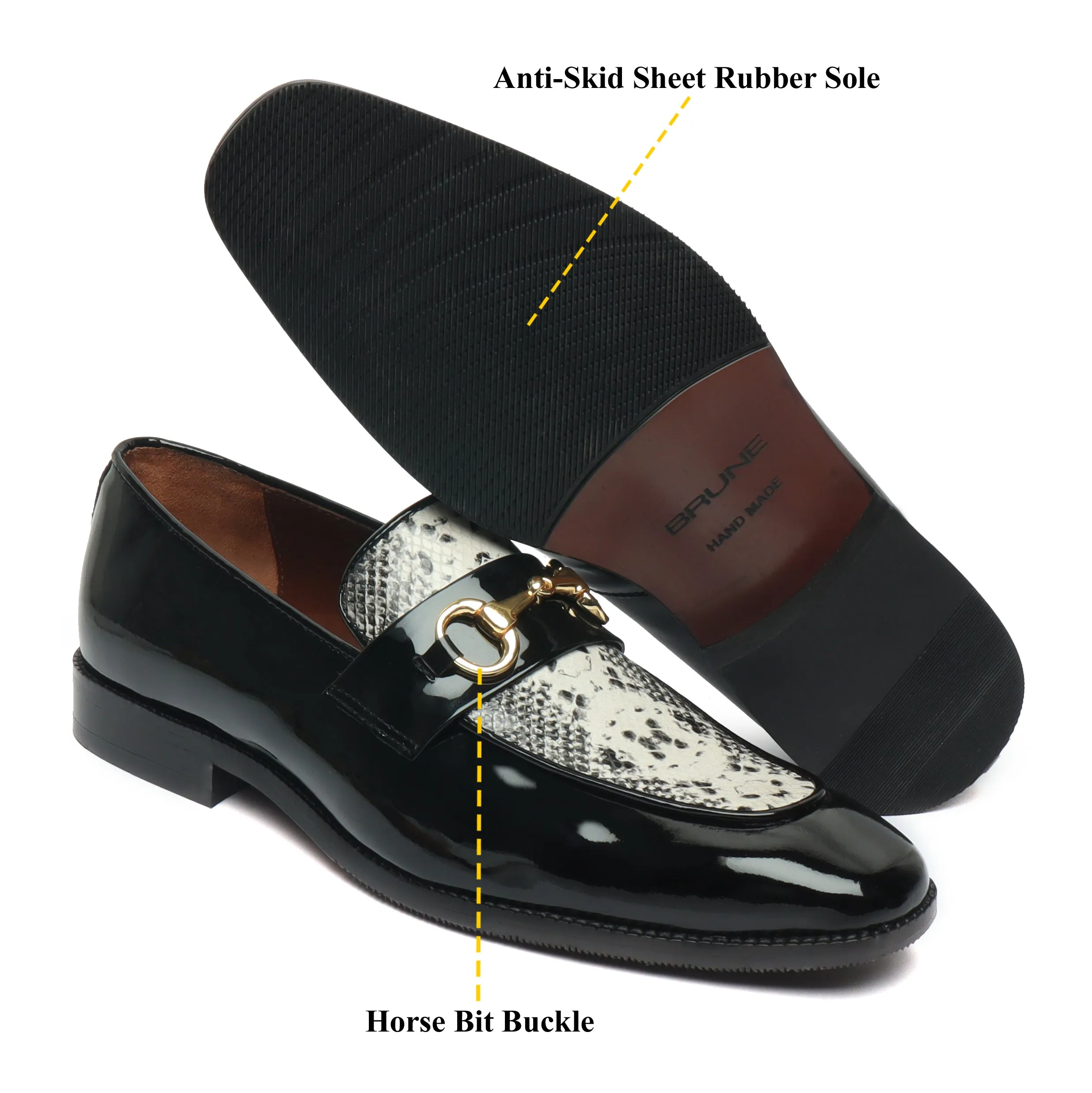 Horse-bit Buckled Slip-On Shoes With Snake Print Leather at Vamp in Black Patent Leather