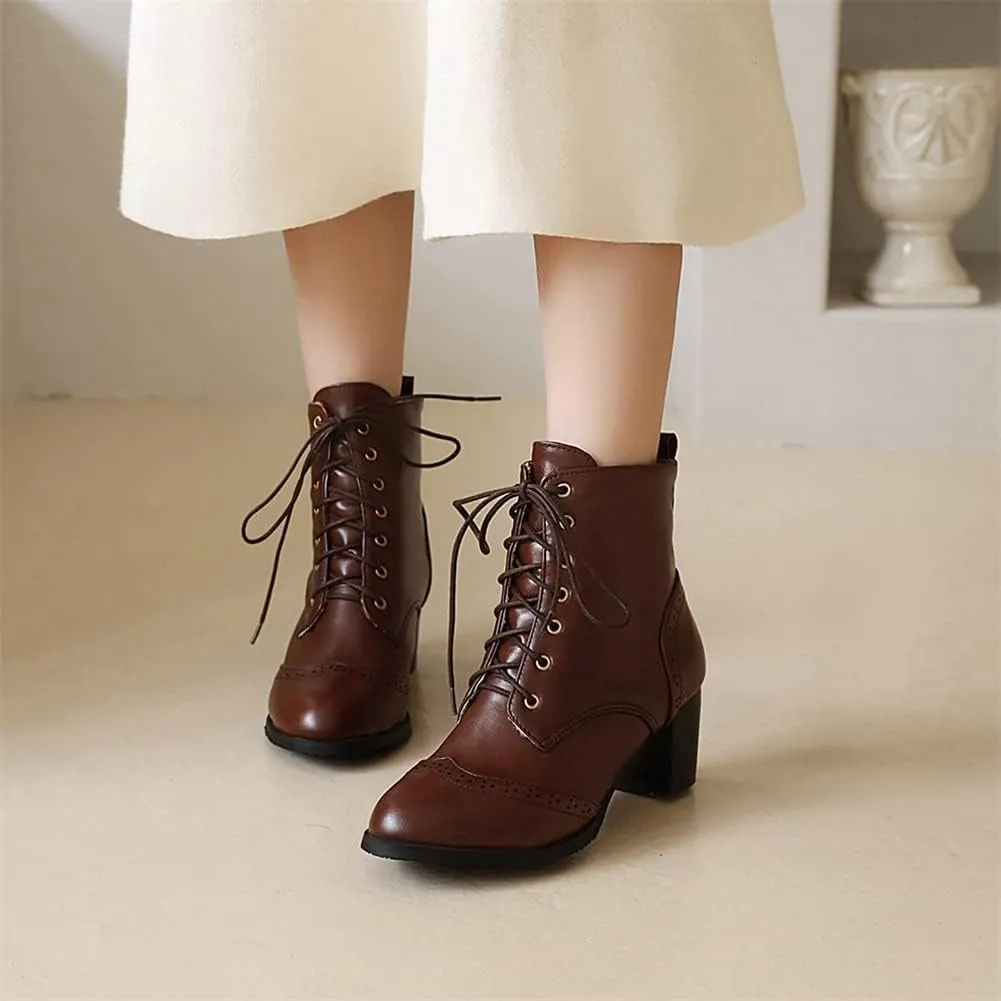 HOTRA Fashion Stacked Chunky Heel Platform Ankle Booties Brogues Women Shoes Lace Up Derby Boots (Color : Dark Brown, Size : 9 US)