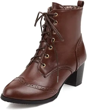 HOTRA Fashion Stacked Chunky Heel Platform Ankle Booties Brogues Women Shoes Lace Up Derby Boots (Color : Dark Brown, Size : 9 US)