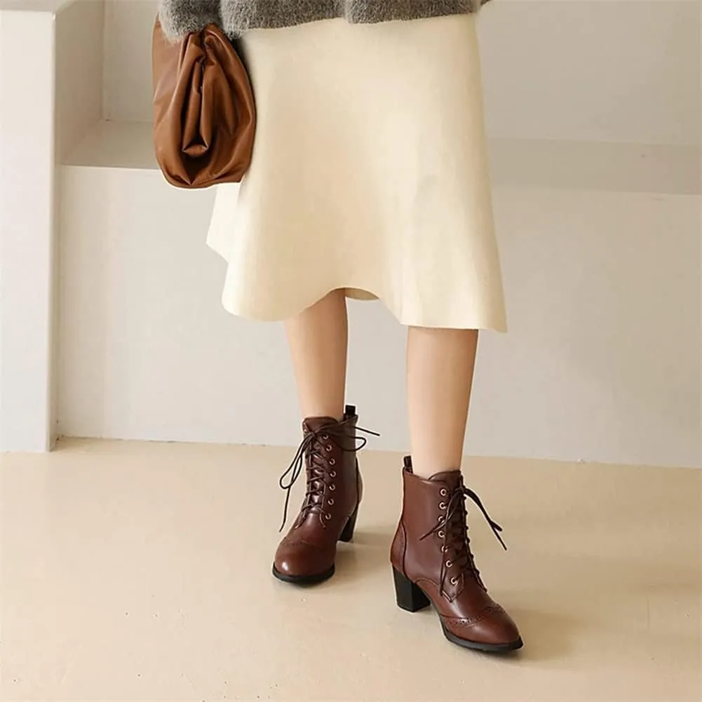 HOTRA Fashion Stacked Chunky Heel Platform Ankle Booties Brogues Women Shoes Lace Up Derby Boots (Color : Dark Brown, Size : 9 US)