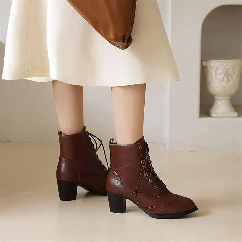 HOTRA Fashion Stacked Chunky Heel Platform Ankle Booties Brogues Women Shoes Lace Up Derby Boots (Color : Dark Brown, Size : 9 US)