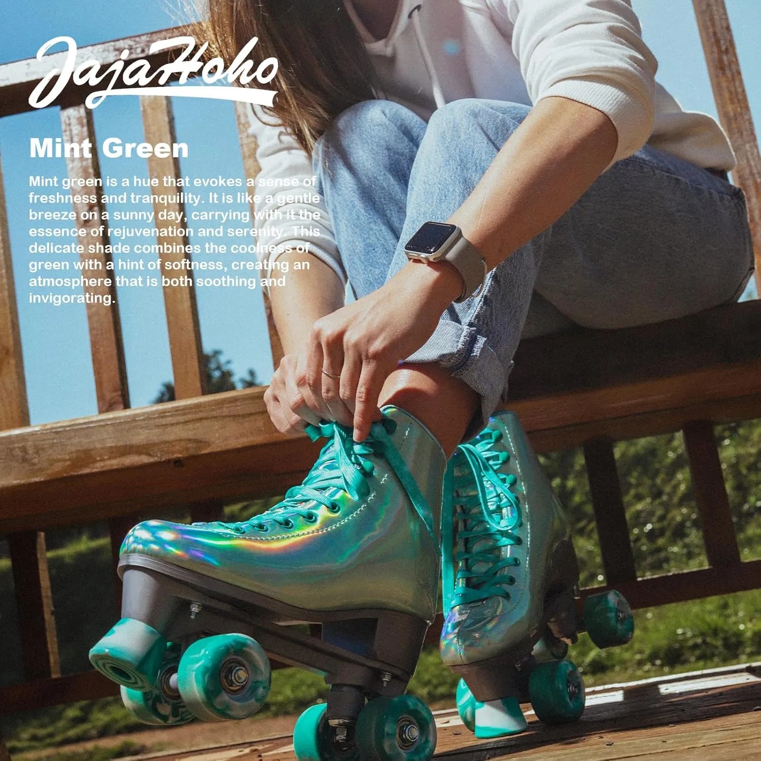 JajaHoho Roller Skates for Women, Holographic Rollerskates, Shiny Double-Row Four Wheels Quad Skates Girls Outdoor (Green)