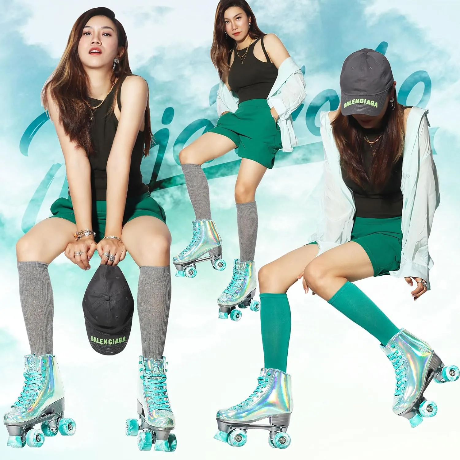 JajaHoho Roller Skates for Women, Holographic Rollerskates, Shiny Double-Row Four Wheels Quad Skates Girls Outdoor (Green)